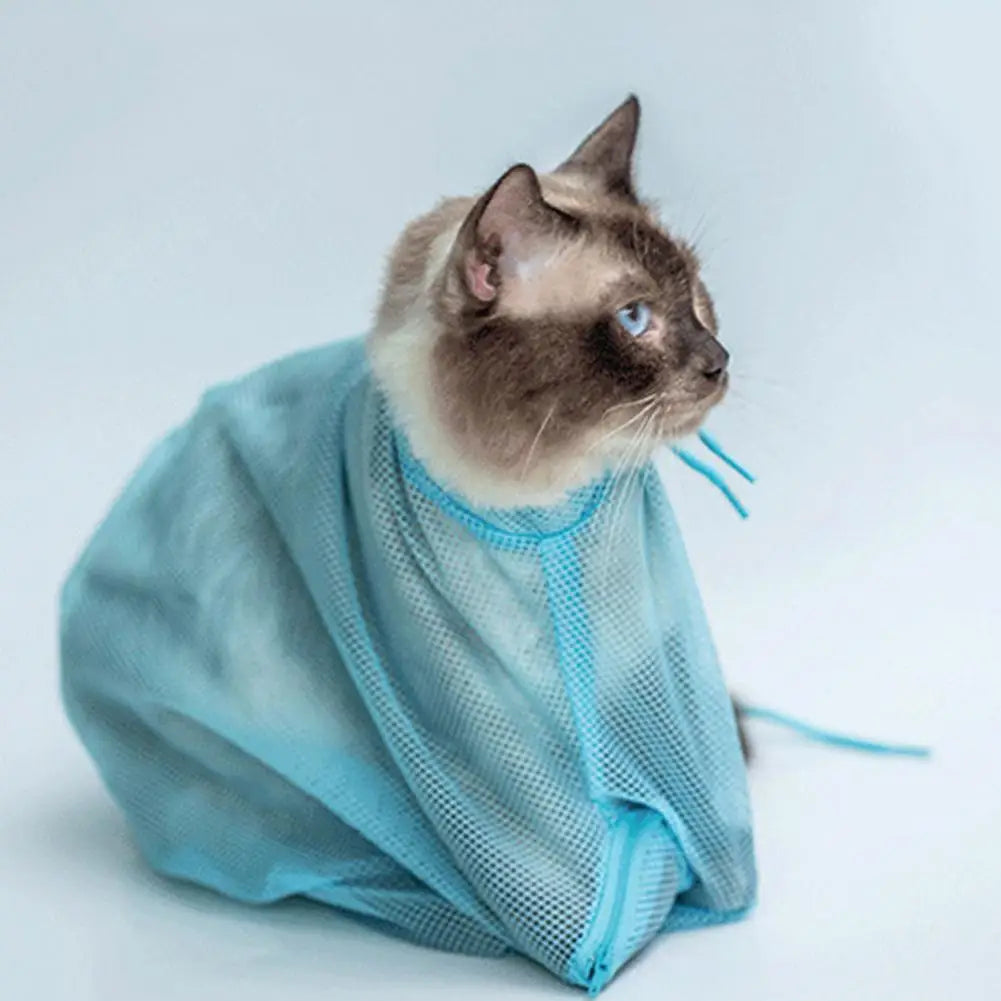 Bolsa de ducha de malla transpirable para gatos, antiarañazos y antimordeduras, ajustable, para cortar uñas, bañar y lavar