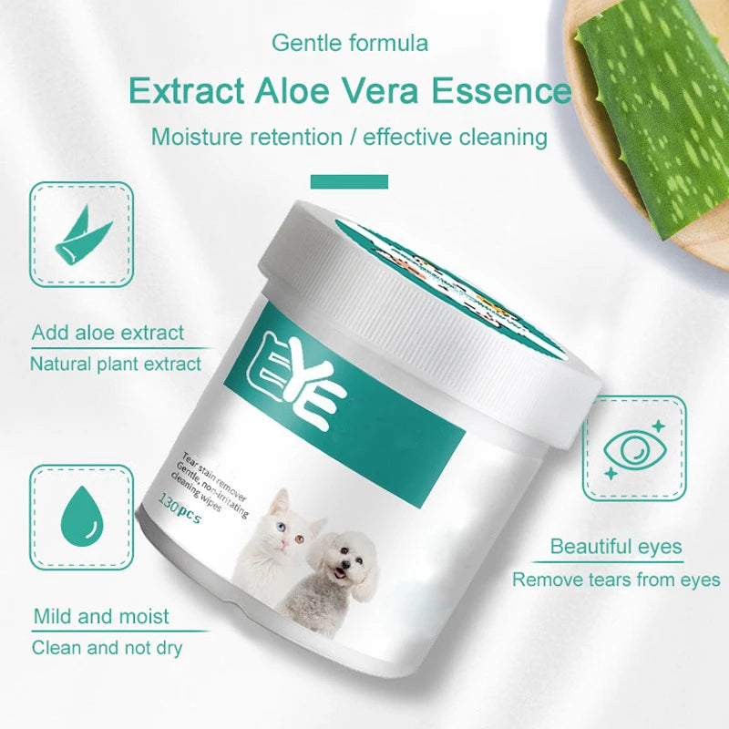 Toallitas húmedas Tearmark para ojos de mascotas, para gatos y perros. Productos de limpieza universales sin irritación. 130 toallitas en lata.