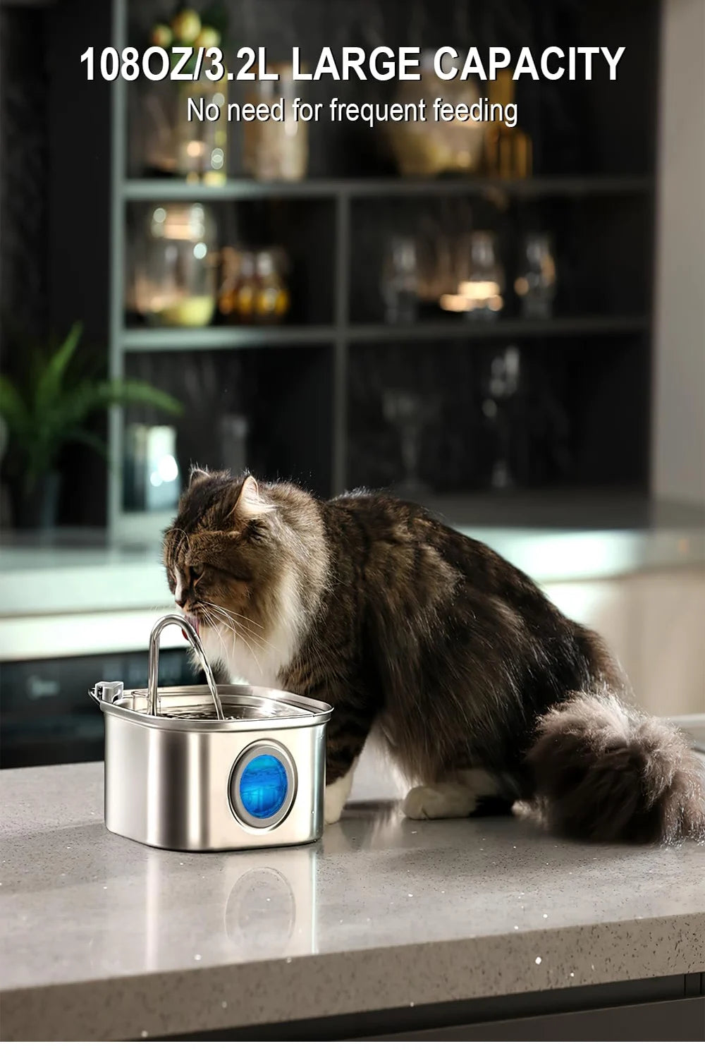 Alimentador de agua para mascotas de acero inoxidable de 3,2 l, fuente automática para gatos, dispensador de agua inteligente para perros, bebedero con ventana visual, accesorios para mascotas