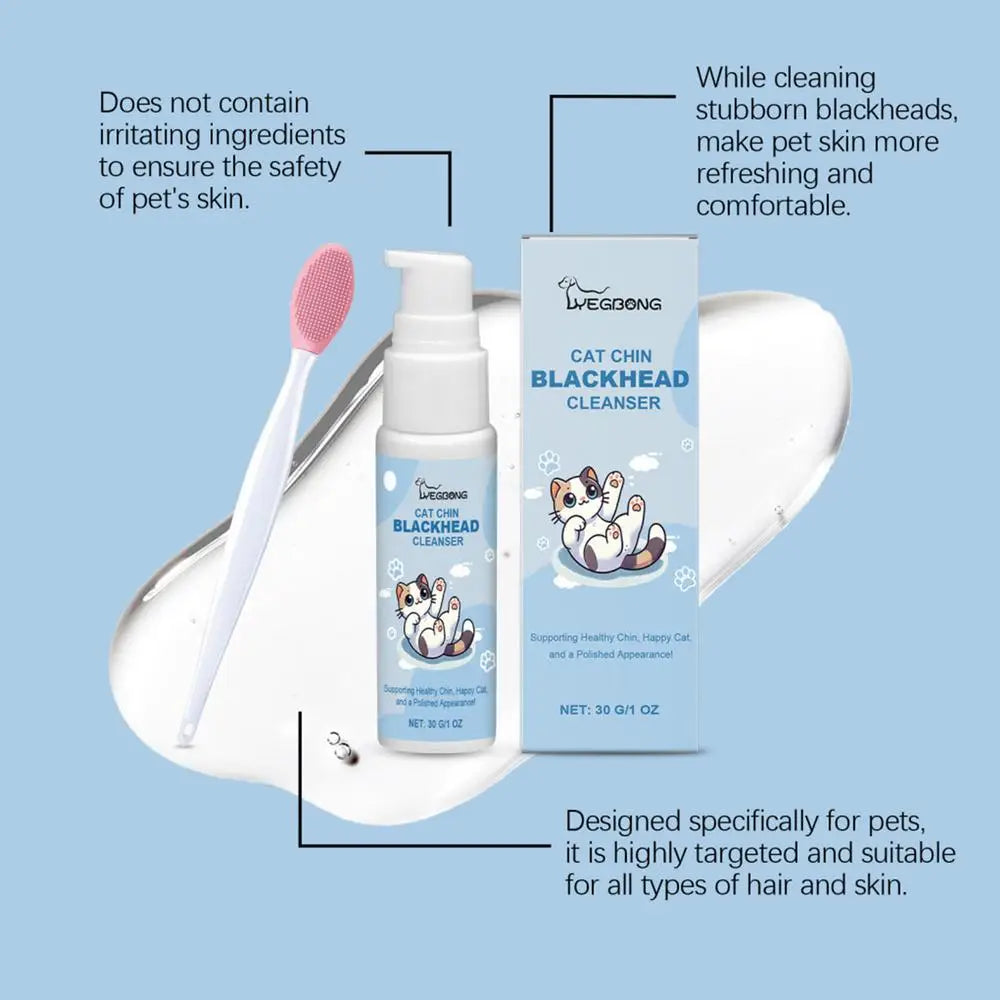 Limpiador de mentón para gatos (30 g), loción limpiadora de puntos negros, cepillo para el cuidado del mentón y el acné, suministros para el cuidado de perros y gatos